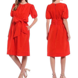 🌟NEW LDT Fire Red Puff Sleeve Tie Waist Connie Bow Midi Dress Size 0